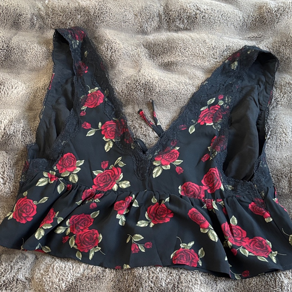 Garage Black and Red Rose Lace Top